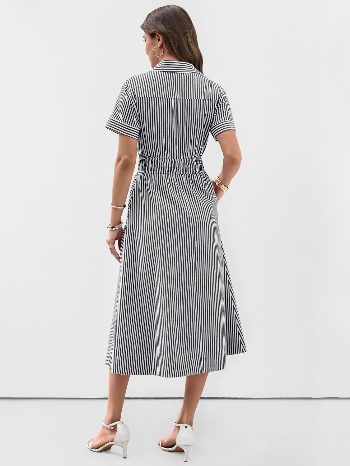 Detalle 2 de ANRABESS Women Summer Short Sleeve Midi Dress: Striped & Gingham, Casual A-Line Shirt Dress