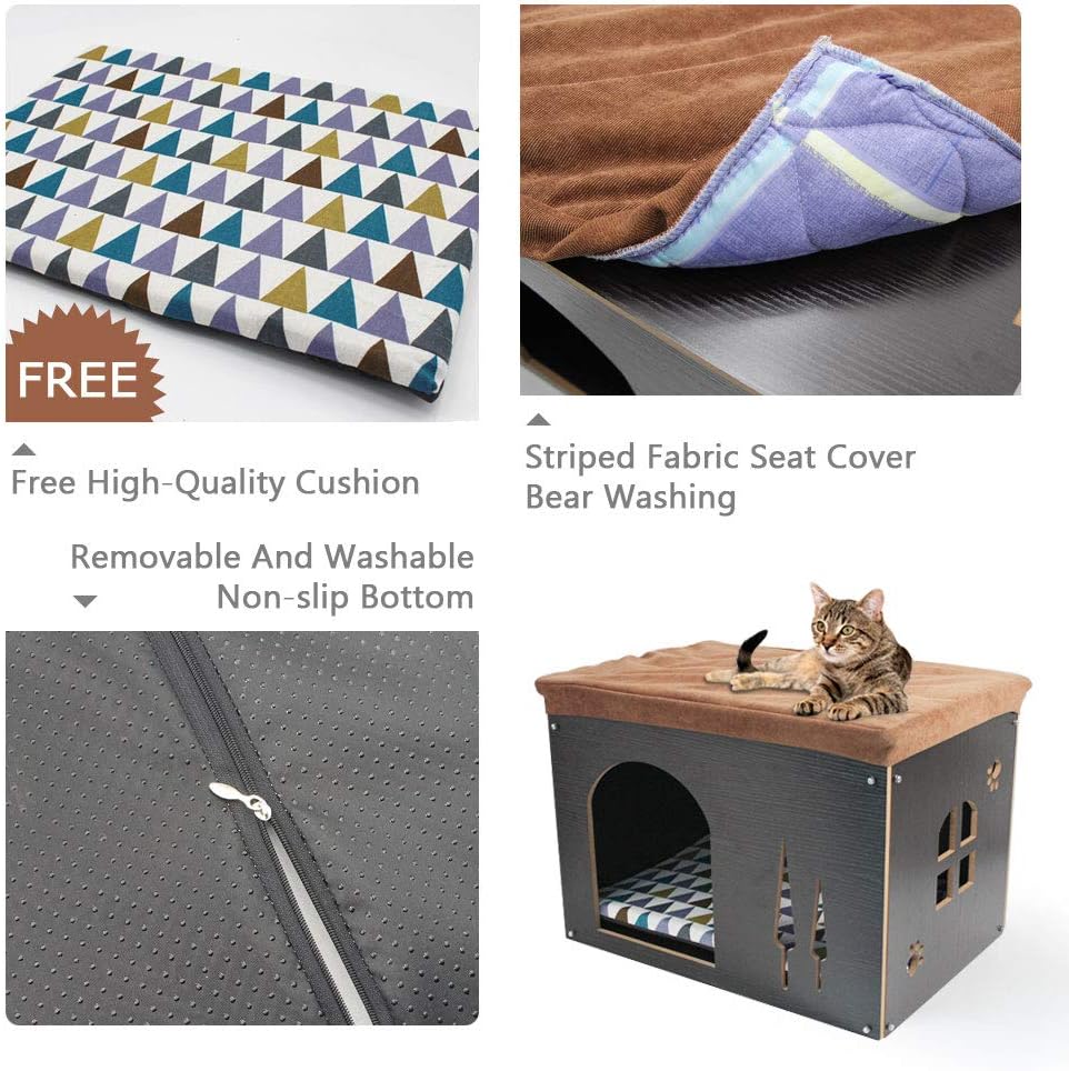 Thumbnail 2 de Cat Pet Bed House Footstool Style Cat Cave Puppy Kennel (Foldable) with Free Pet Cushion, Black XL
