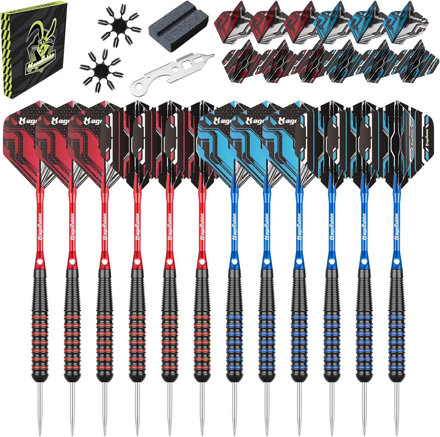 Detalle de MageRabbit Dartpfeile Set 12er Steel Darts, 22 g – Metallspitze, Aluminium-Schaft, 24 Flights + Werkzeug
