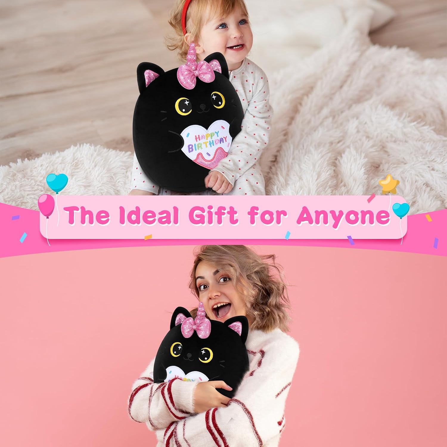 Thumbnail 6 de 11.6-inch Black Cat Happy Birthday Plush – cuddly kitten hugging pillow toy