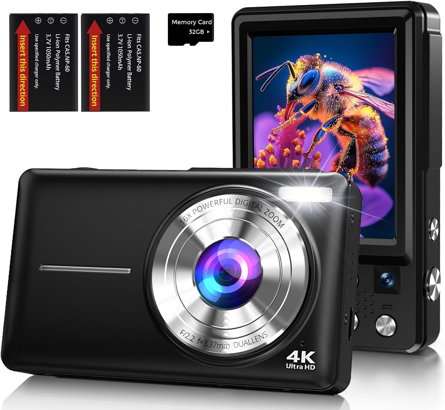 Detalle de Digitalkamera 4K 64MP mit Autofokus, Dual-Objektiv, 2,8-Zoll Display – Ideal für Einsteiger