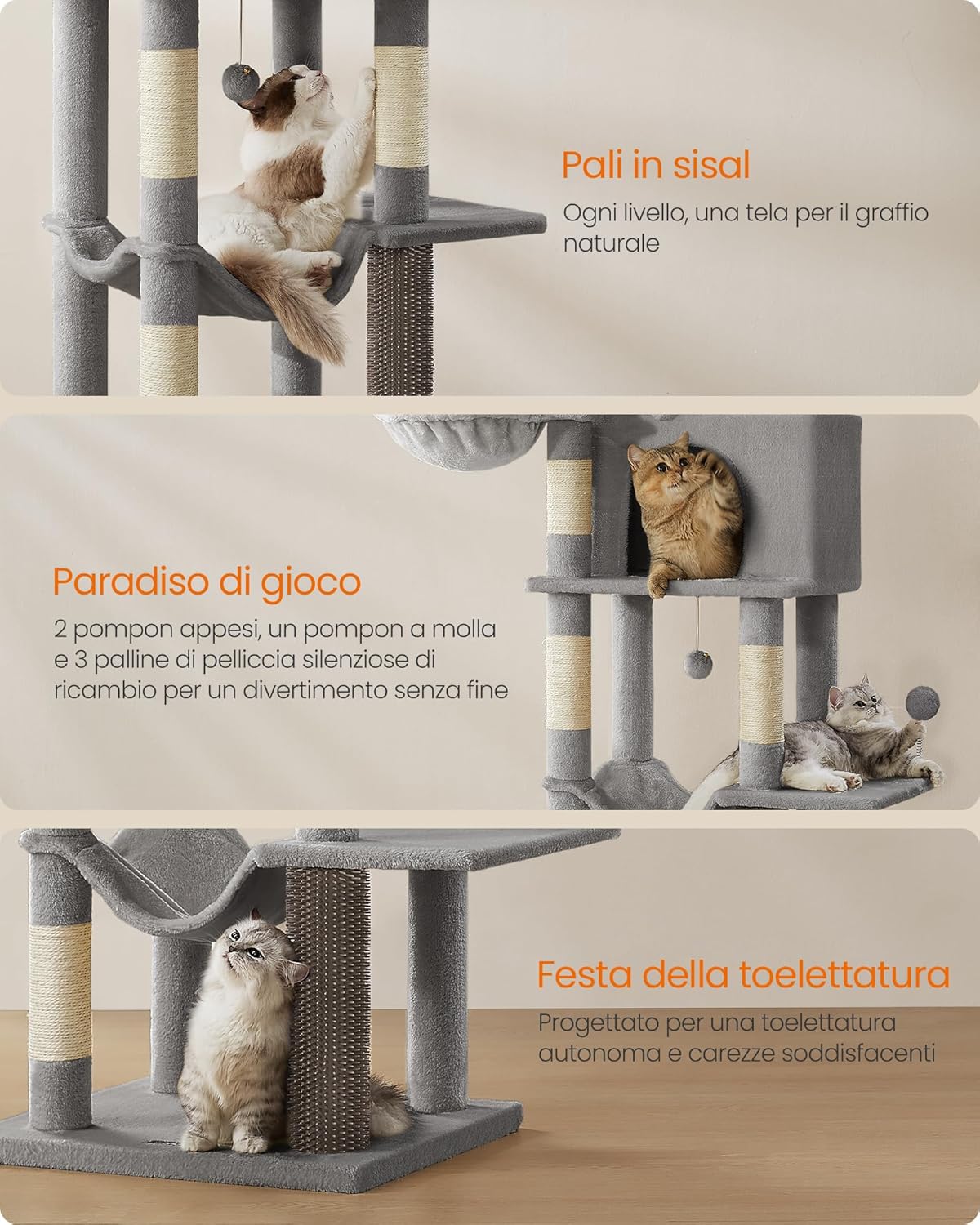 Detalle 2 de Feandrea Albero per gatti grande PCT182G01, torre tiragraffi alta 175 cm multilivello grigio tortora