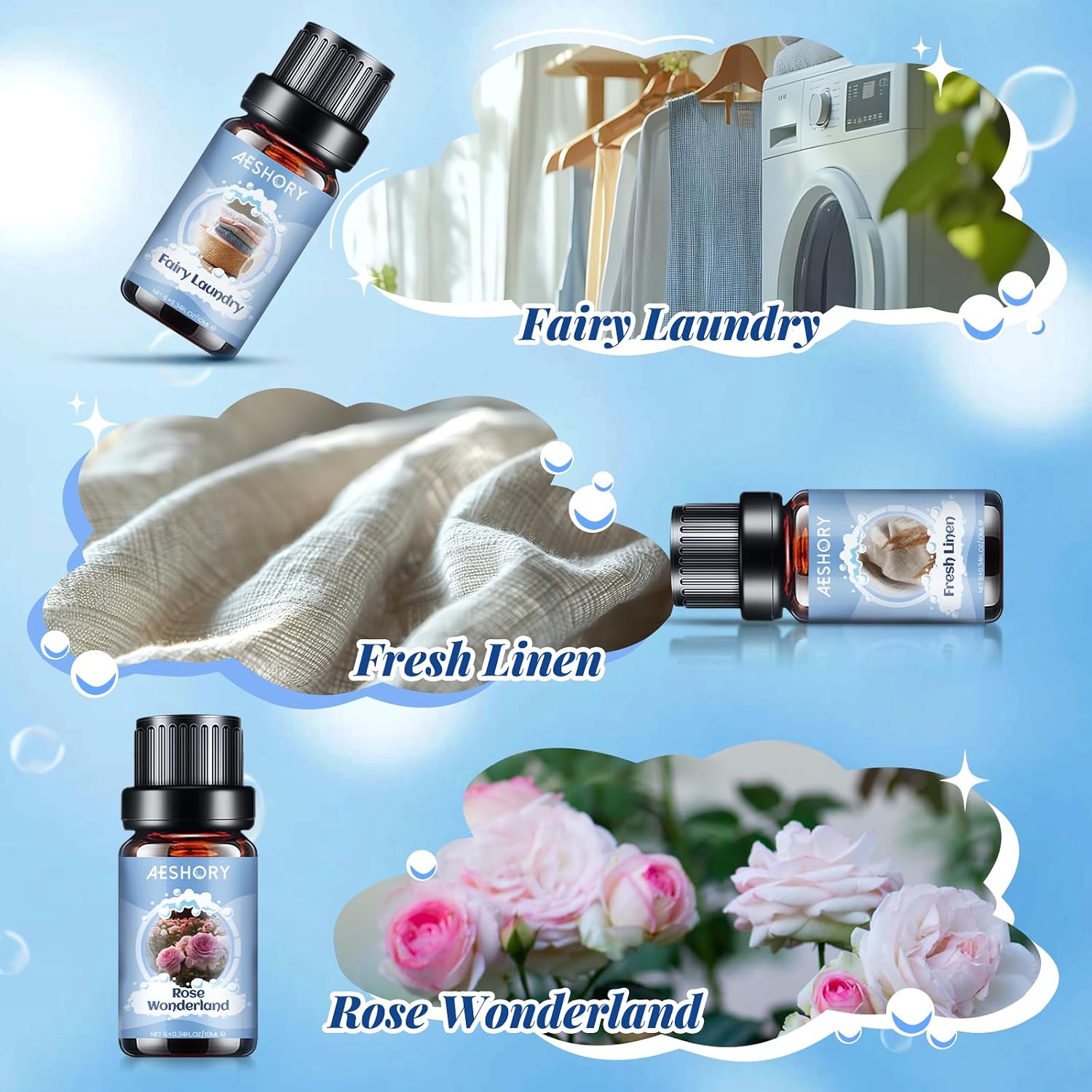 Detalle de AESHORY Set ätherische Öle für Diffuser (6 x 10 ml) – Frisch, Eukalyptus & Co. als Aromatherapie-Duftöl Geschenkset