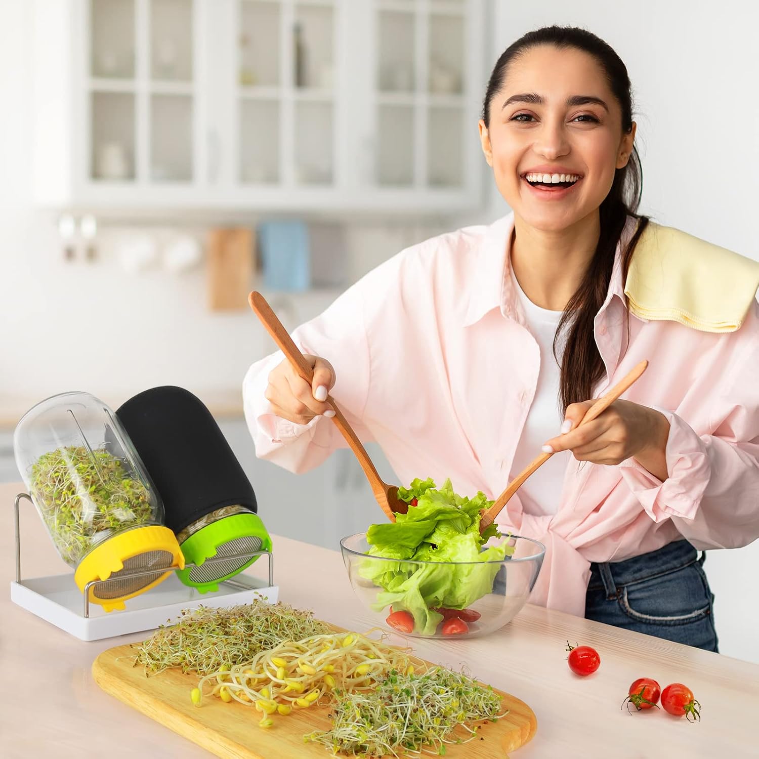 Detalle 2 de Kitmiido Sprouting Kit for Seeds, 2 Wide-Mouth Jars, Mesh Lids & Sleeves