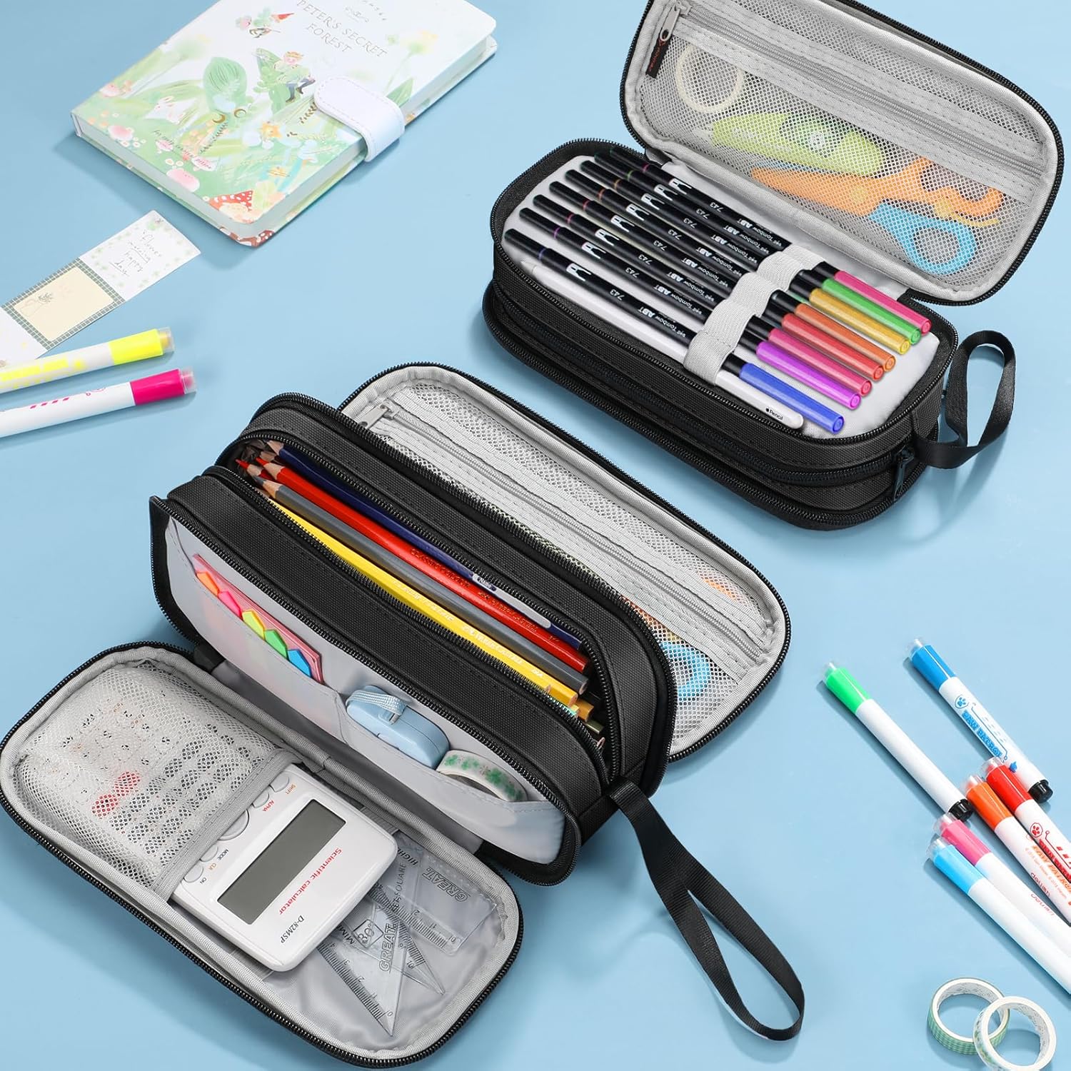 Thumbnail 2 de FINPAC Federmäppchen Federtasche mit 3 Fächern – große Kapazität für Schule & Büro (Schwarz)