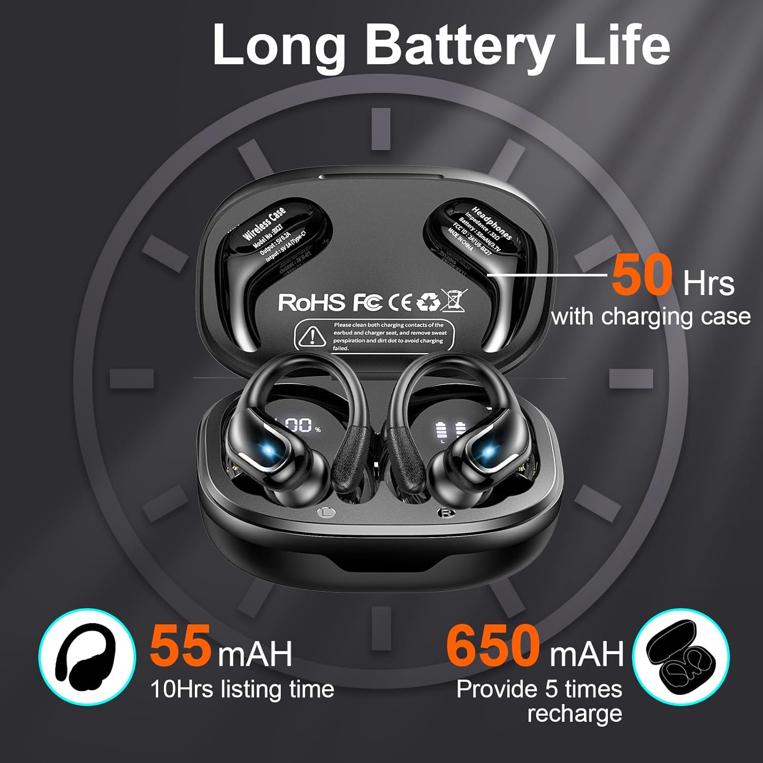 Detalle de Ltinist Wireless Earbuds with Bluetooth 5.3, IP7 Waterproof, 75H Playtime, Dual LED Display and Sport-Ready Earhooks