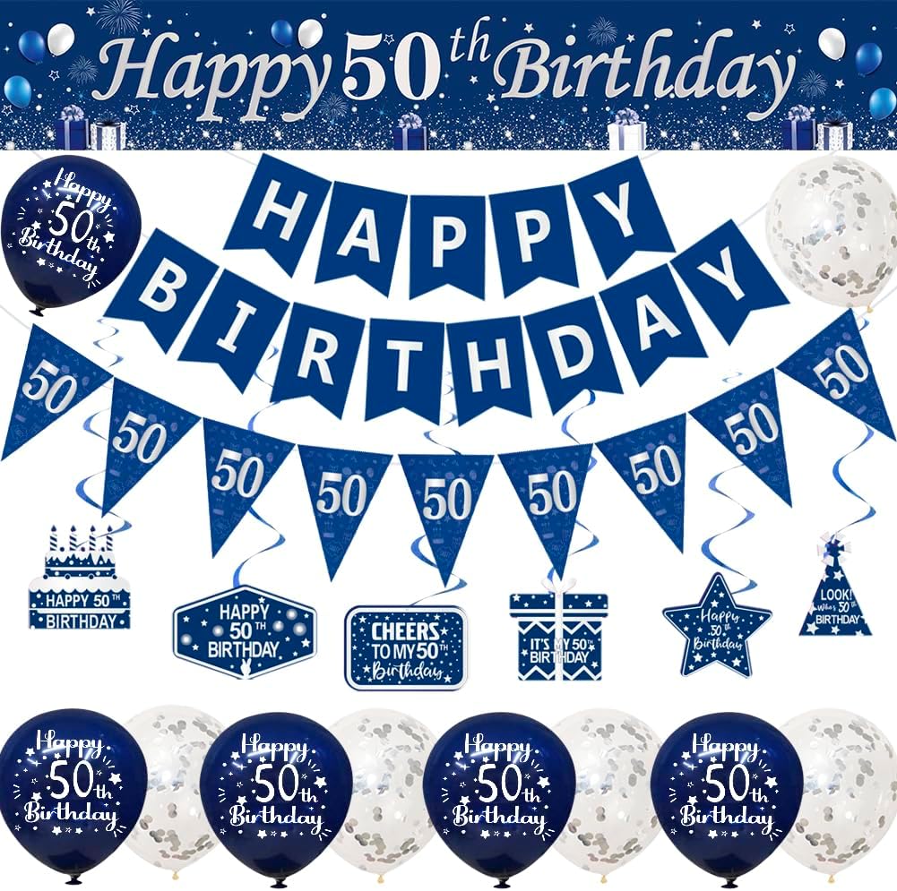 Detalle de Happy 50th Birthday Decorations for Him (Blue & Silver) – Banners, bunting, swirls, balloons & confetti set