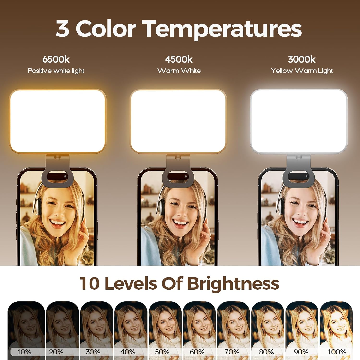 Detalle de Lumière Téléphone Selfie Light 60 LED, 3 températures de couleur et batterie 2000 mAh