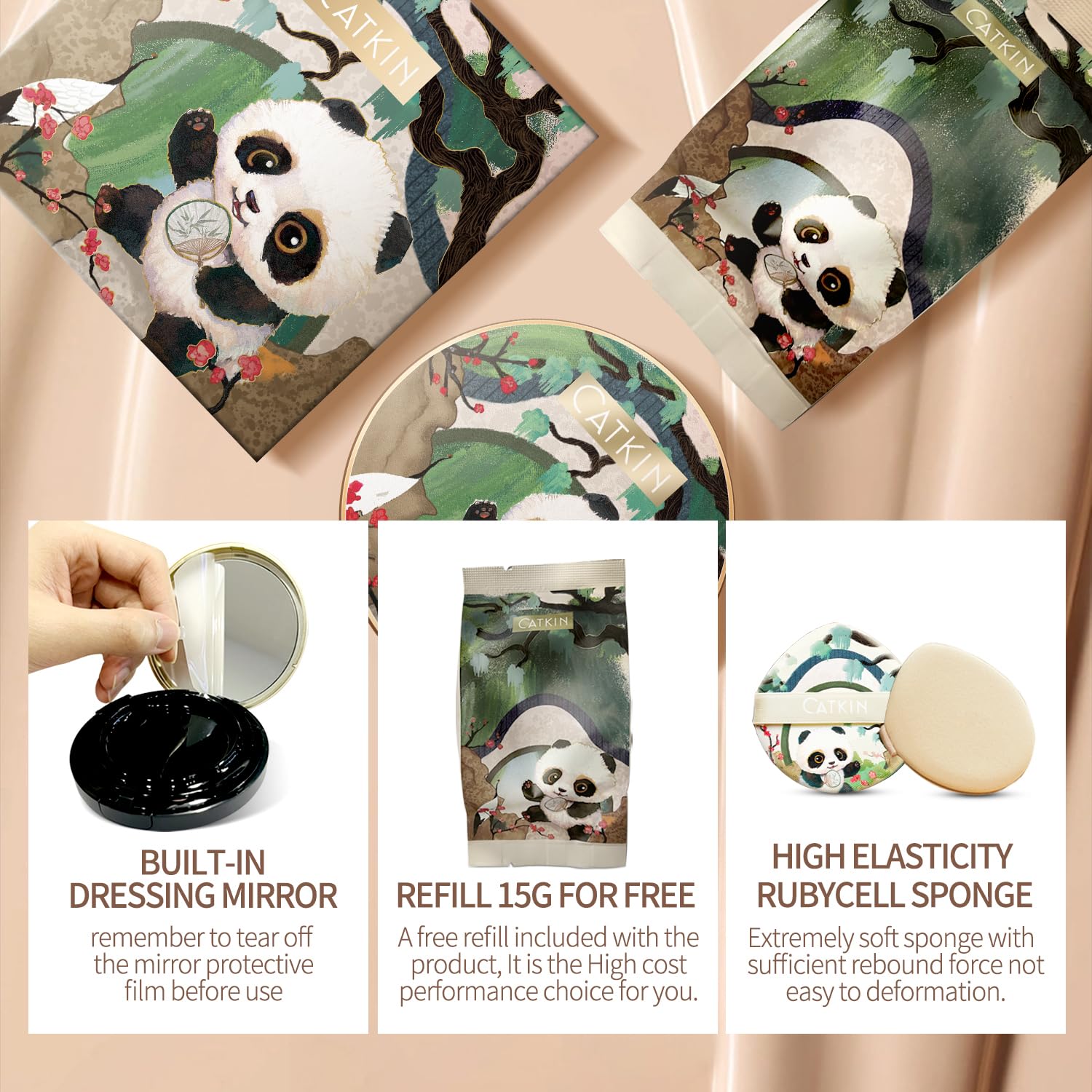 Detalle 2 de CATKIN Panda Land Air Cushion Foundation mit Volldeckkraft – Feuchtigkeitsspendend & Hautfreundlich (15g×2)