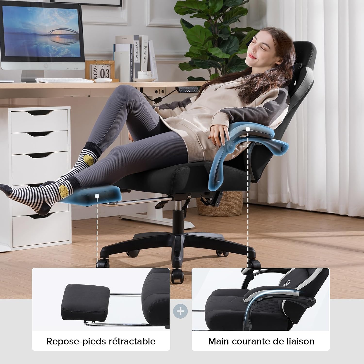 Detalle de GTPLAYER LR002 gamingstoel met stoffen bekleding, verstelbare hoofdsteun en voetensteun