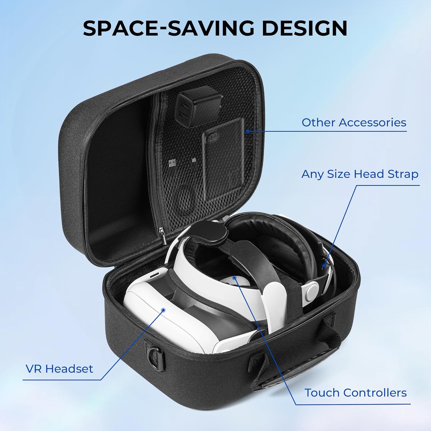 Detalle 2 de DEVASO große Tasche für Meta Quest 3 – Hartschalen-Reisetasche für Elite Strap, Controller und Zubehör