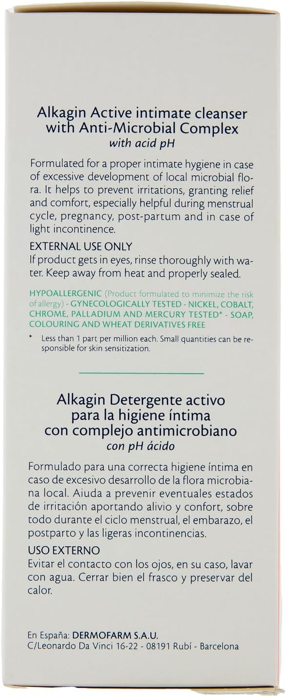 Detalle de Alkagin Detergente Attivo per l’igiene intima, 250 ml: conforto quotidiano per pH acido