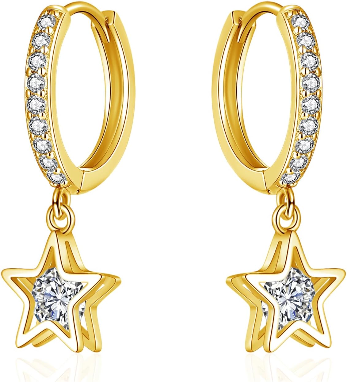 Detalle de Josfeva 925 Sterling Silver Hanging Hoop Earrings with Zirconia Pendants (Star, Teardrop or Heart)