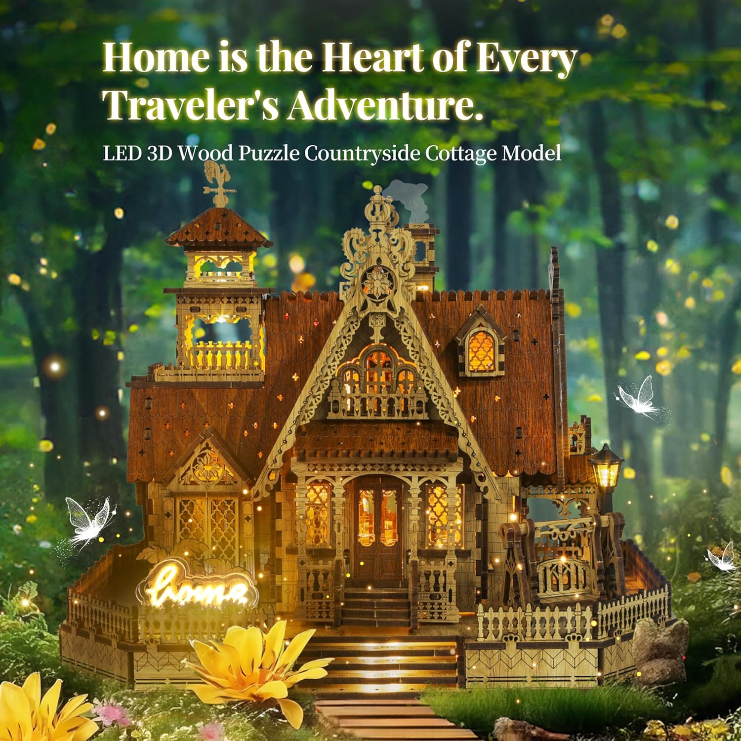 Thumbnail 1 de FUNPOLA 3D Wood Puzzle Countryside Cottage DIY Miniature Building Kit with Spark LED Lights (251 Pieces)