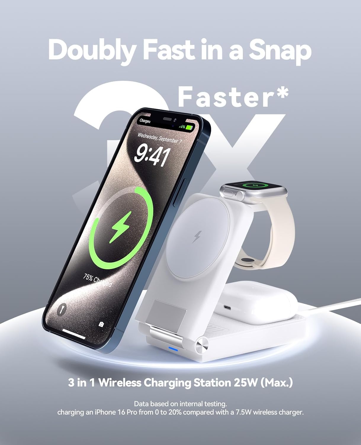 Detalle 2 de ILOUYU 3-in-1 25W Foldable Magnetic Wireless Charging Station for iPhone, AirPods, and Apple Watch