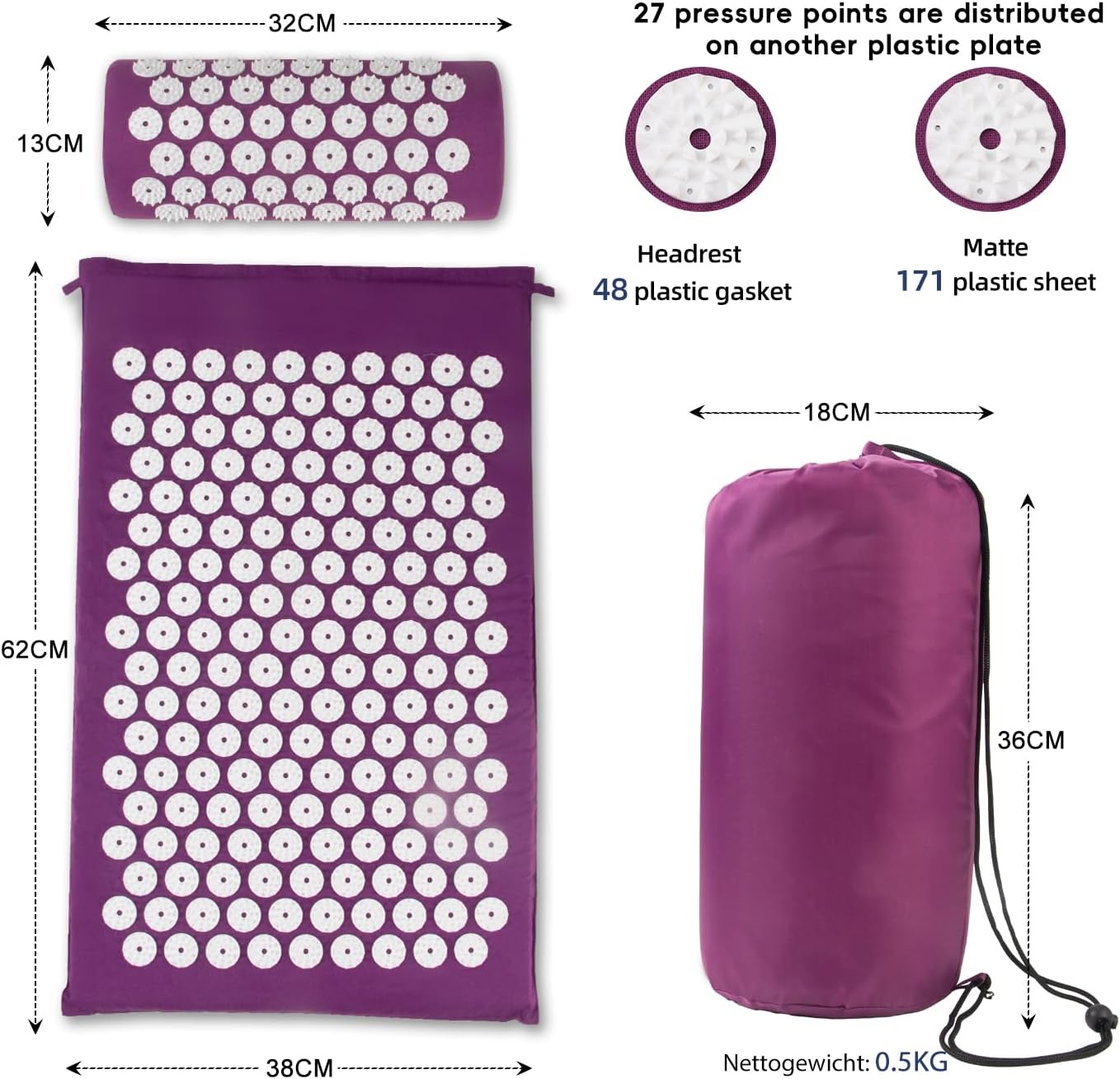 Detalle de CWRFZ Acupressure Mat, Acupuncture Mat & Massage Pillow Set (Purple) with 2 Massage Balls