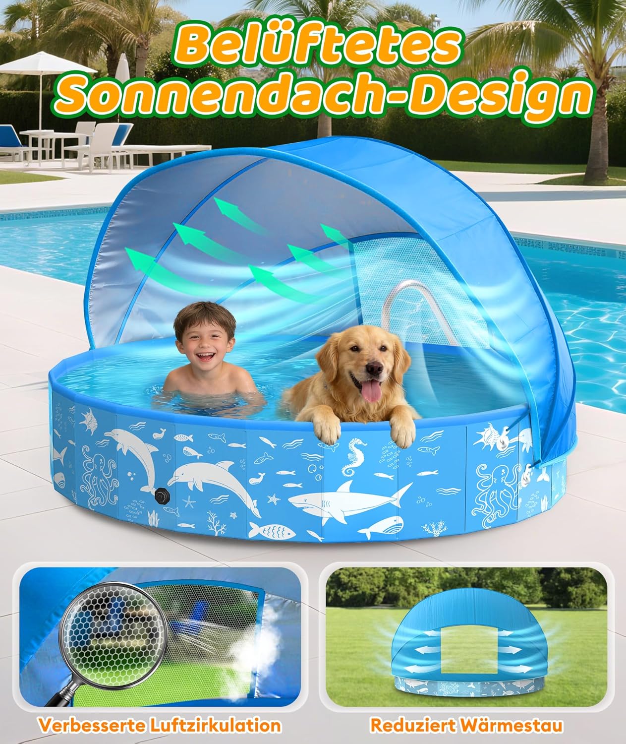 Detalle 2 de EPN Hundepool mit Sonnendach 140 cm – faltbarer PVC-Pool für große Hunde im Garten