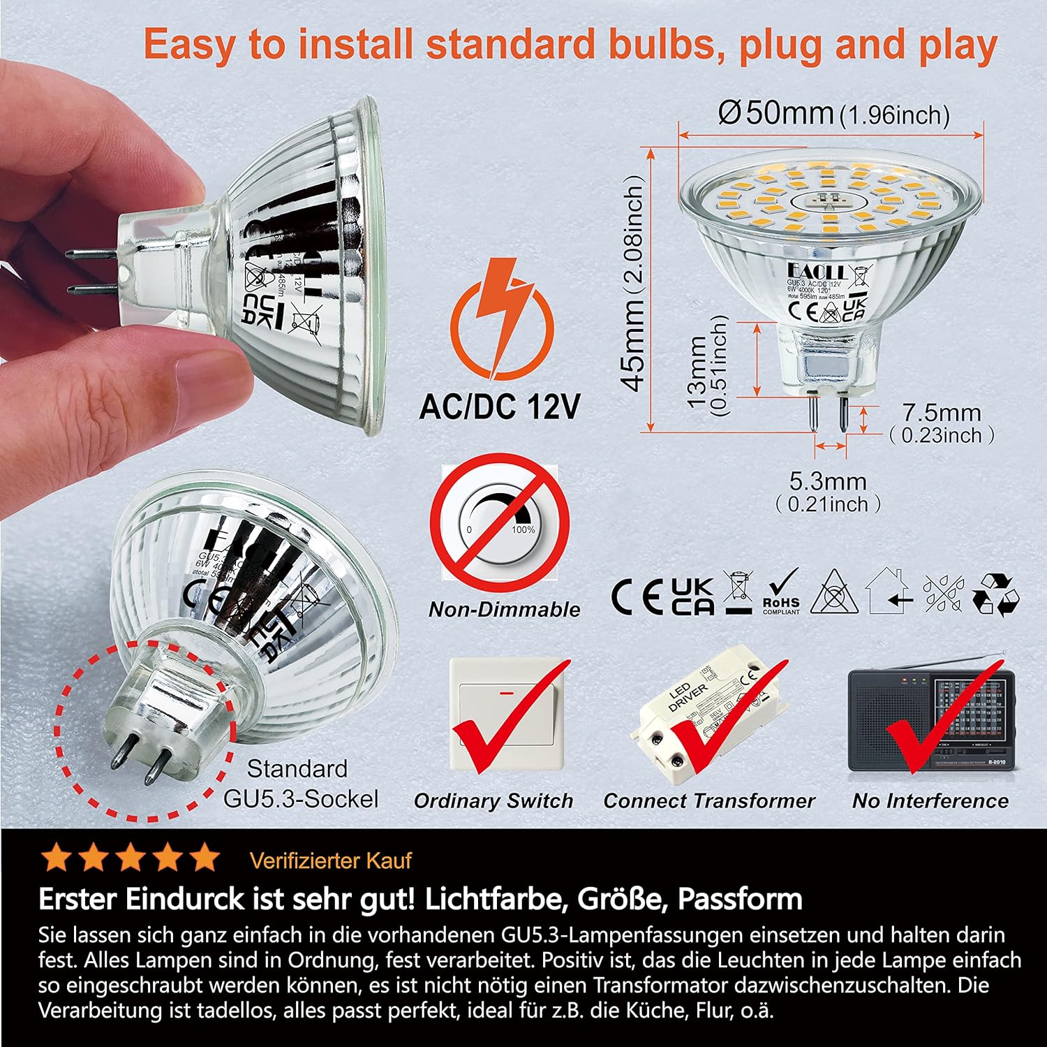 Detalle 2 de EACLL GU5.3 LED 6W 4000K MR16 – 10er-Pack, flimmerfrei, 12V AC/DC