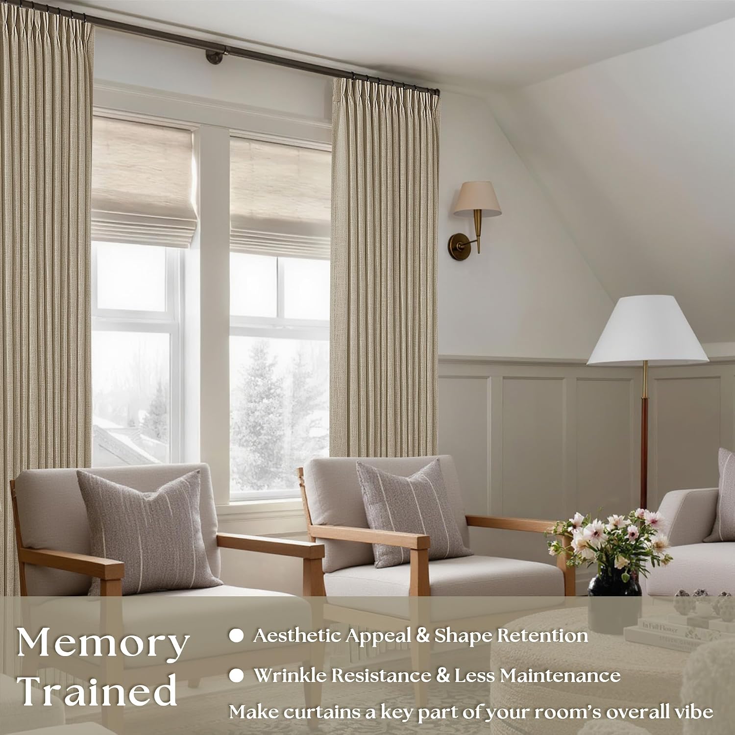 Thumbnail 1 de Pinch Pleated Linen Curtains 102 Inches Long (2-Panel Set) in Gray Beige Tan Neutral