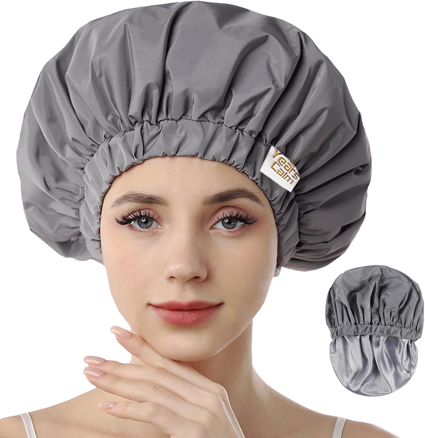 Detalle de Years calm YC-JYM Reusable Shower Cap, Grey, Double-Layer Satin Lining