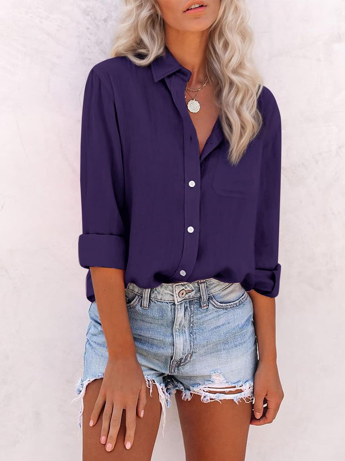 Detalle de Mutitop Cotton Oxford Button-Down Shirt for Women, Long Sleeve with Pocket