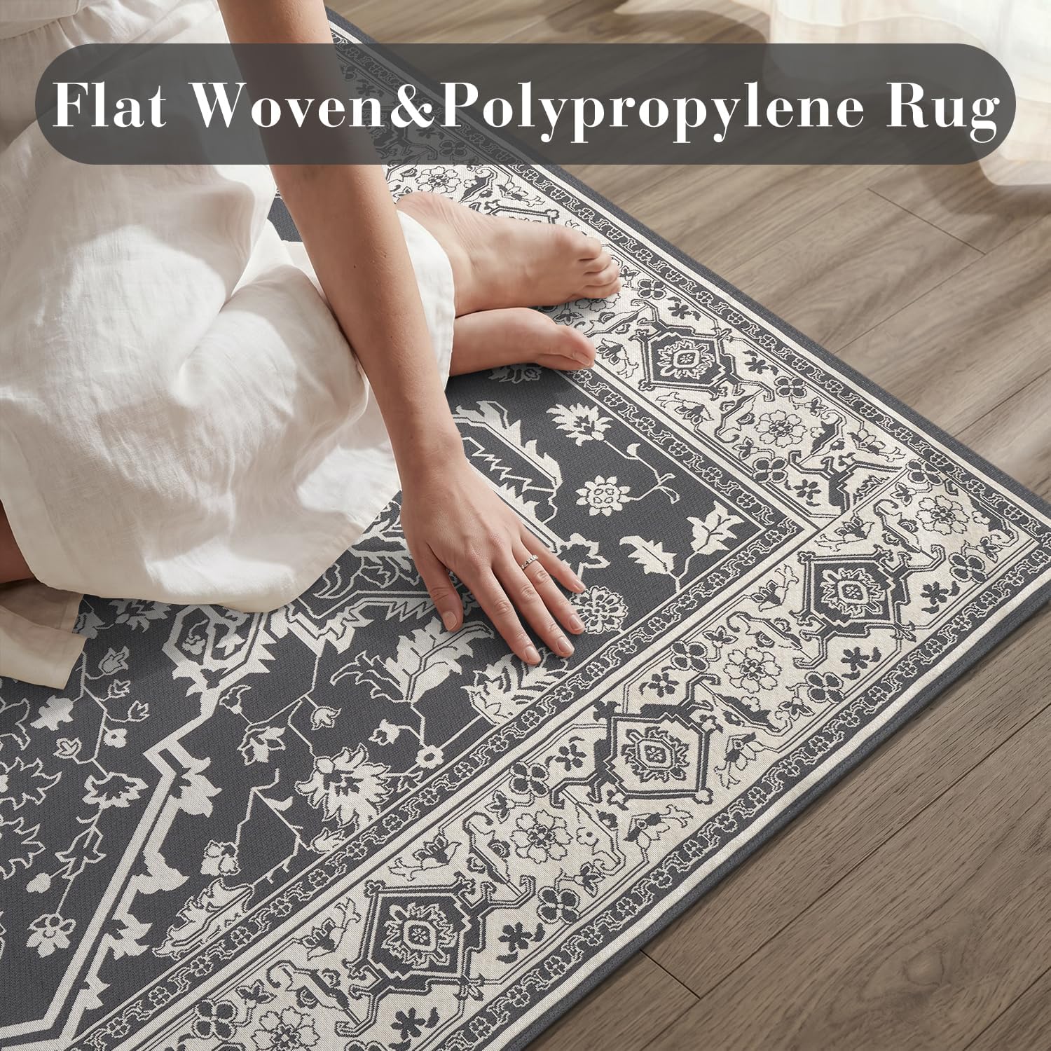 Detalle de Engiw 5 x 8 ft Outdoor Rug, Machine-Washable Flatweave, Blackish Grey