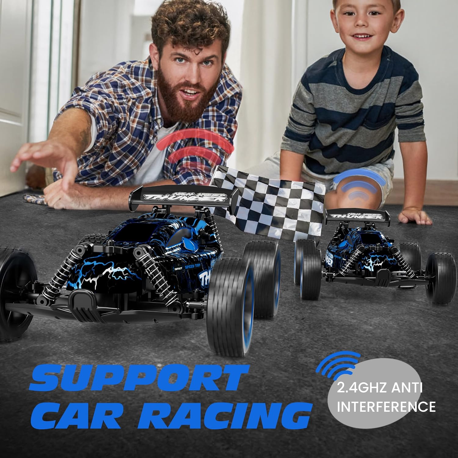 Detalle de Tecnock 1:18 Scale 2WD RC Car for Kids with LED Lights, 2.4GHz Remote & USB-C Charging