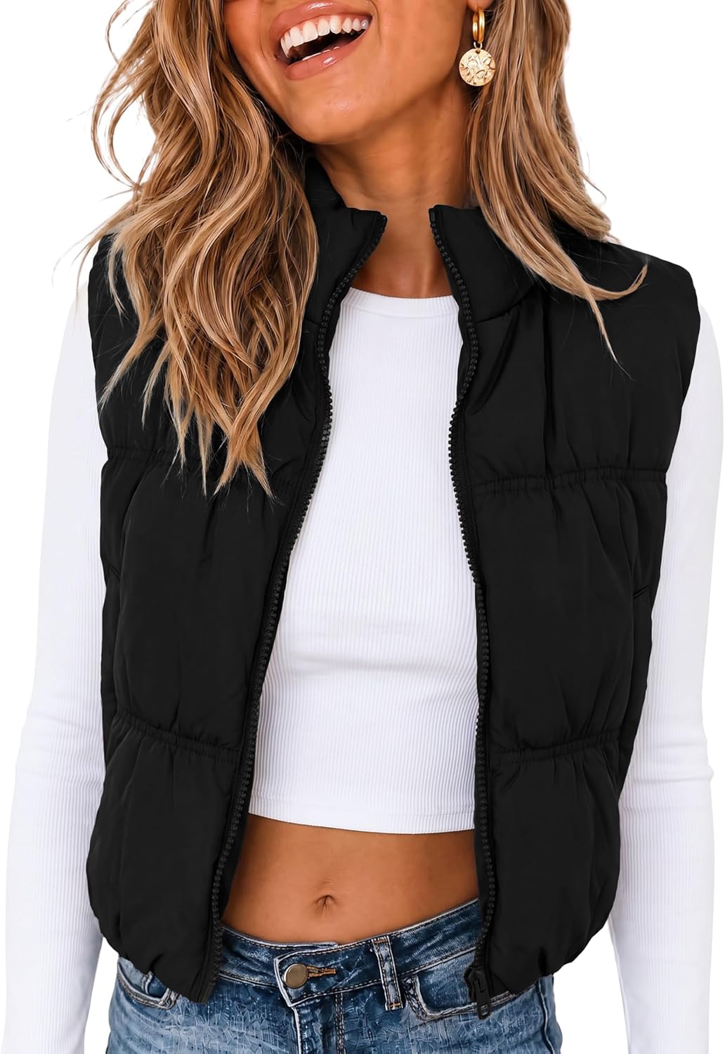 Detalle de Athlisan Cropped Puffer Vest for Women, Lightweight with Stand Collar and Pockets
