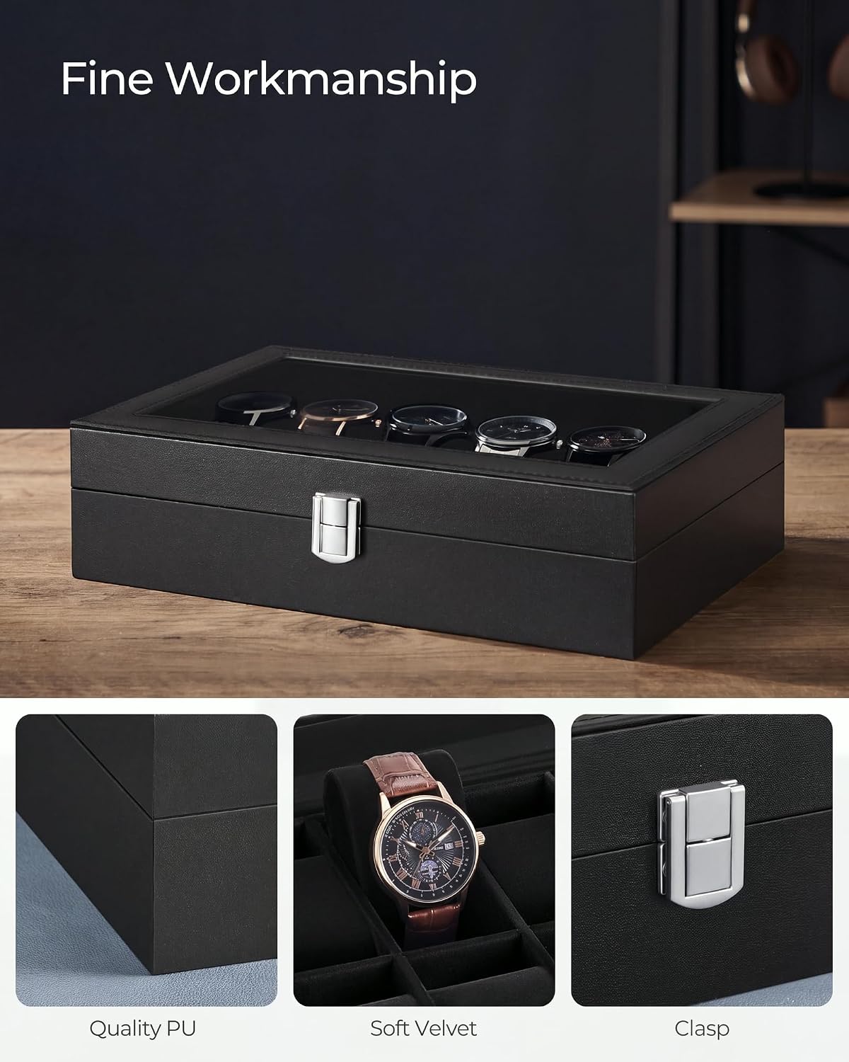 Detalle de SONGMICS Watch Box with 12 Slots, Glass Lid, Synthetic Leather