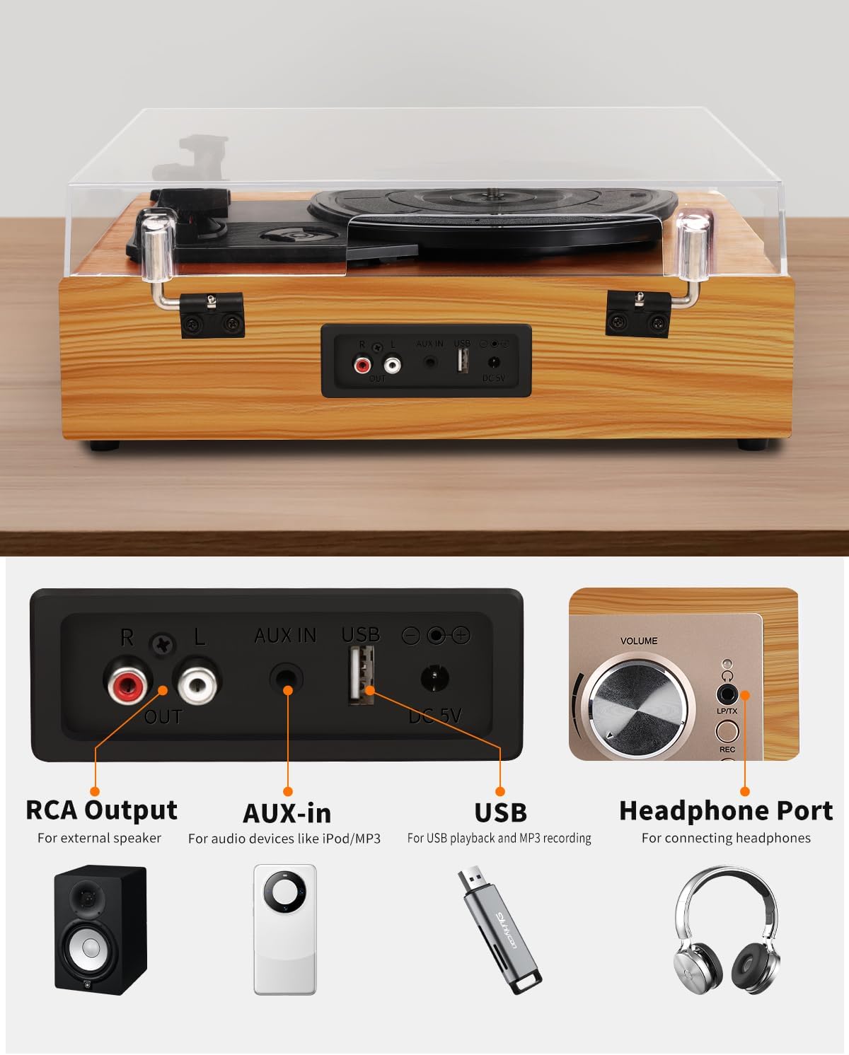 Thumbnail 6 de VIFLYKOO platenspeler met Bluetooth 5.4, stereoluidsprekers en drie snelheden
