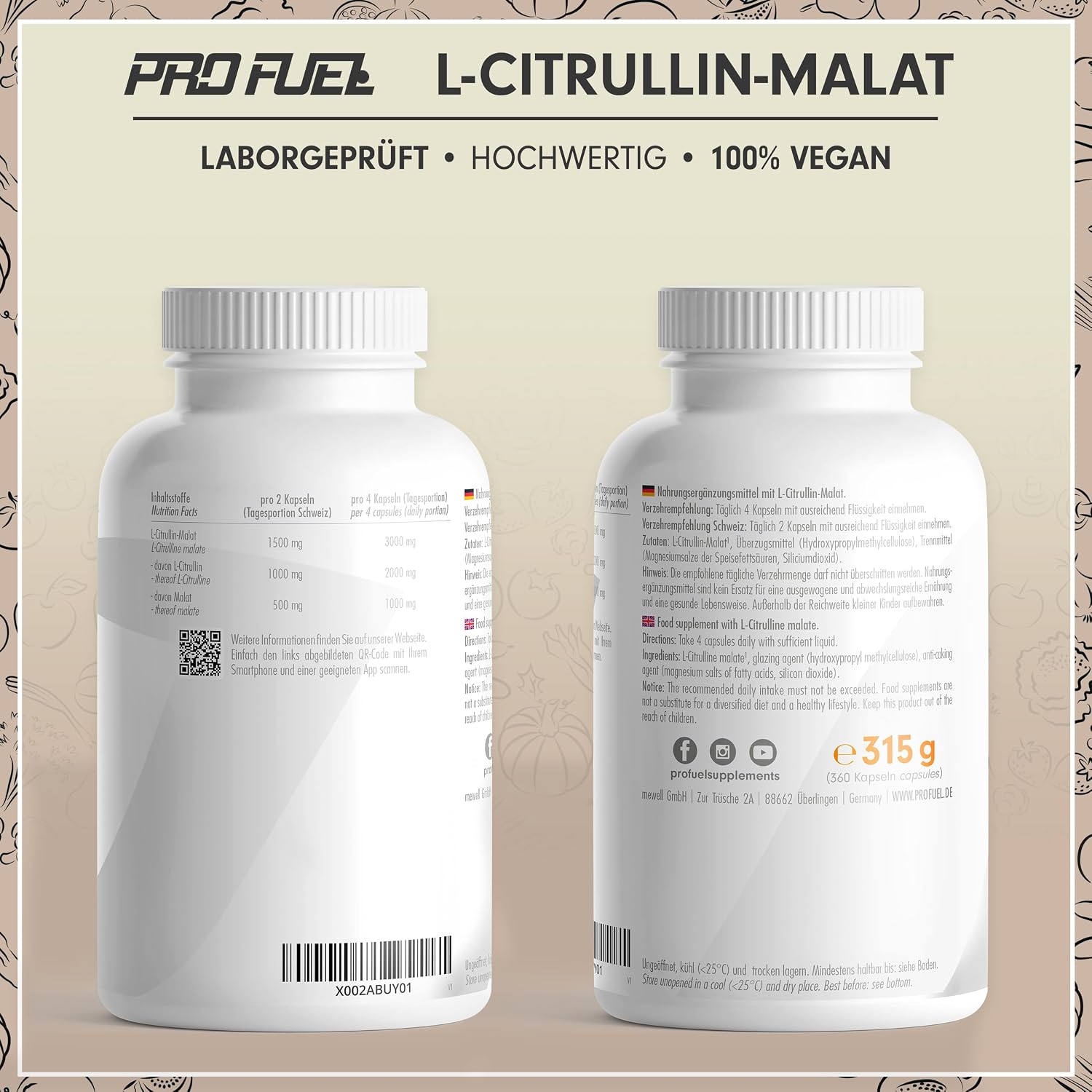 Detalle 2 de L-Citrullin-Malat Kapseln 360x – 3000 mg täglich, vegan & laborkontrolliert