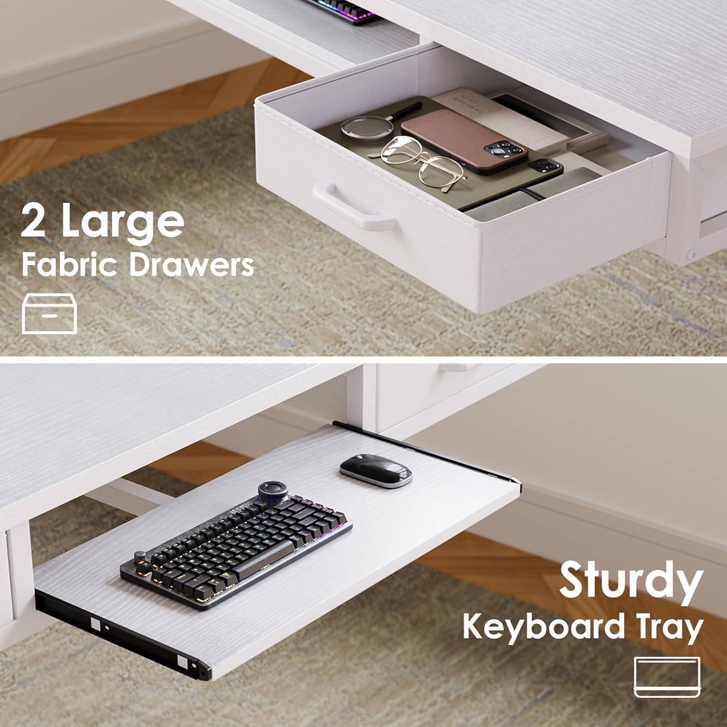 Detalle de OffiGo Height Adjustable Desk with Double Drawers – 140 cm Electric Sit-Stand Desk with Keyboard Tray and Power Sockets