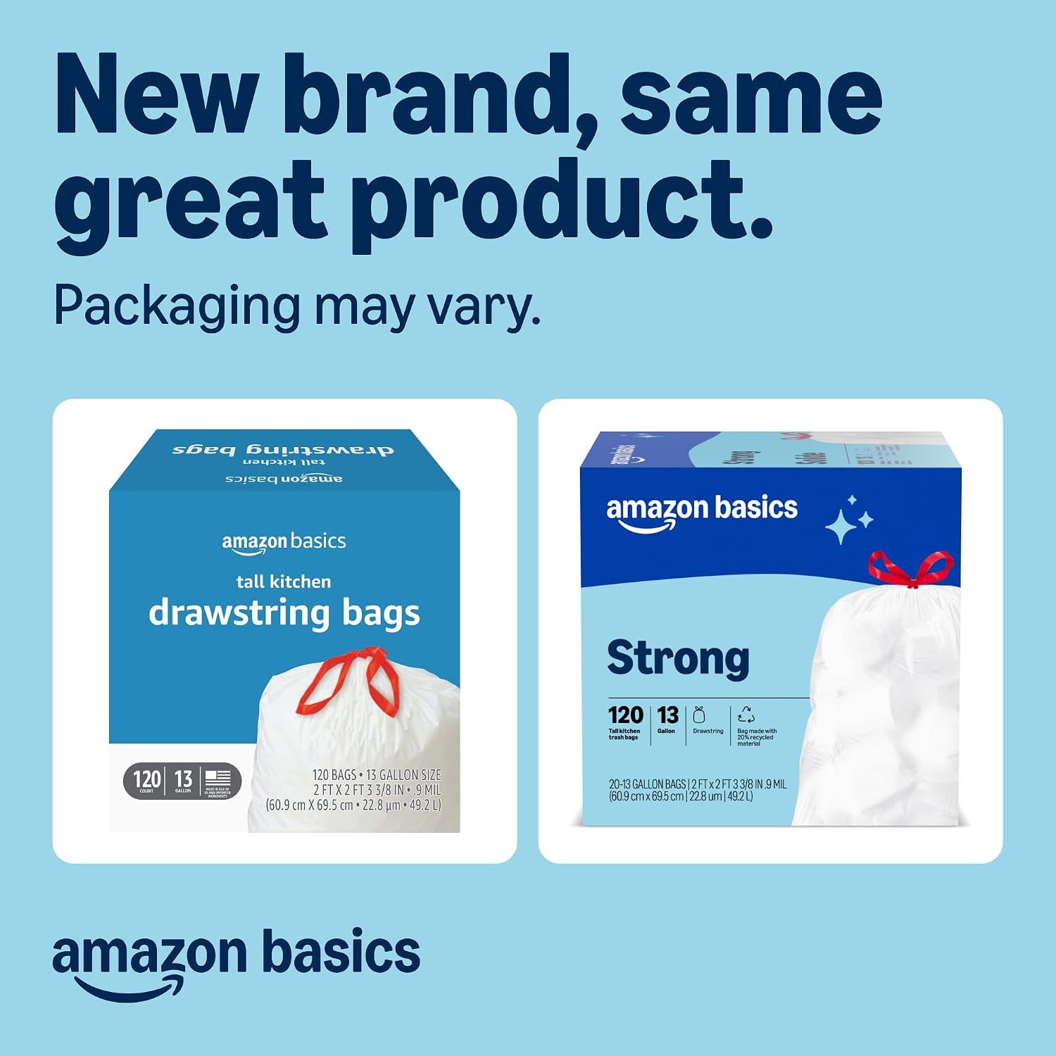 Detalle de Amazon Basics 13-Gallon Drawstring Kitchen Trash Bags, 0.9 Mil Thick, 120 Count