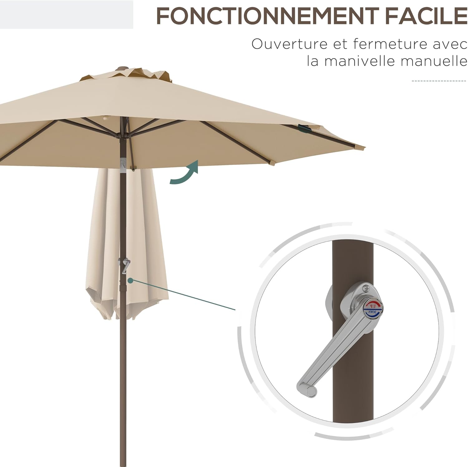 Thumbnail 3 de Outsunny Parasol de jardin droit Ø 2,63 m en métal, manivelle inclinable beige
