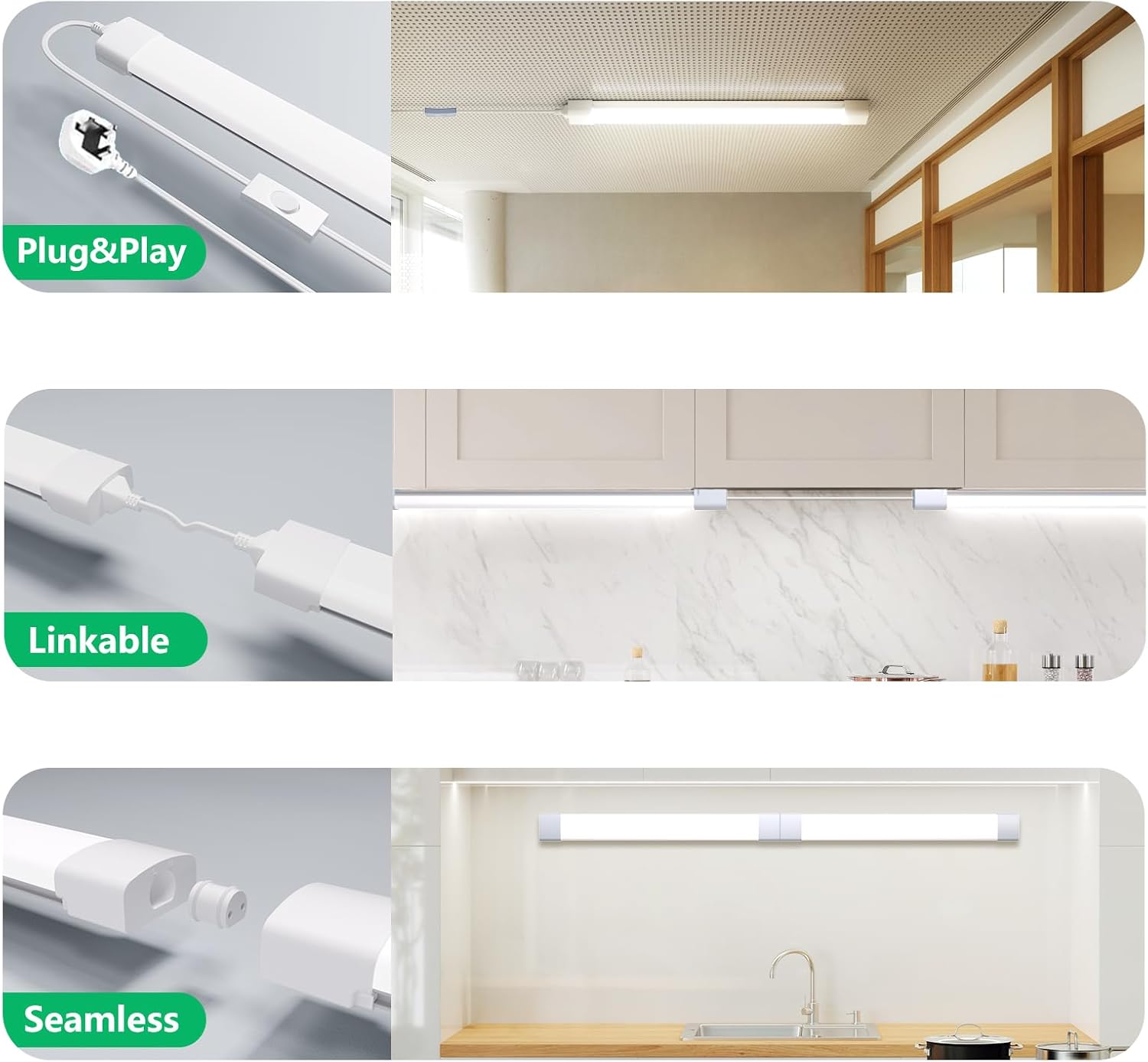 Thumbnail 3 de Amdelne 6000K LED Batten Light (4FT / 120CM) 36W Plug-in Strip – IP65 for Garage, Shed & Outdoor Use