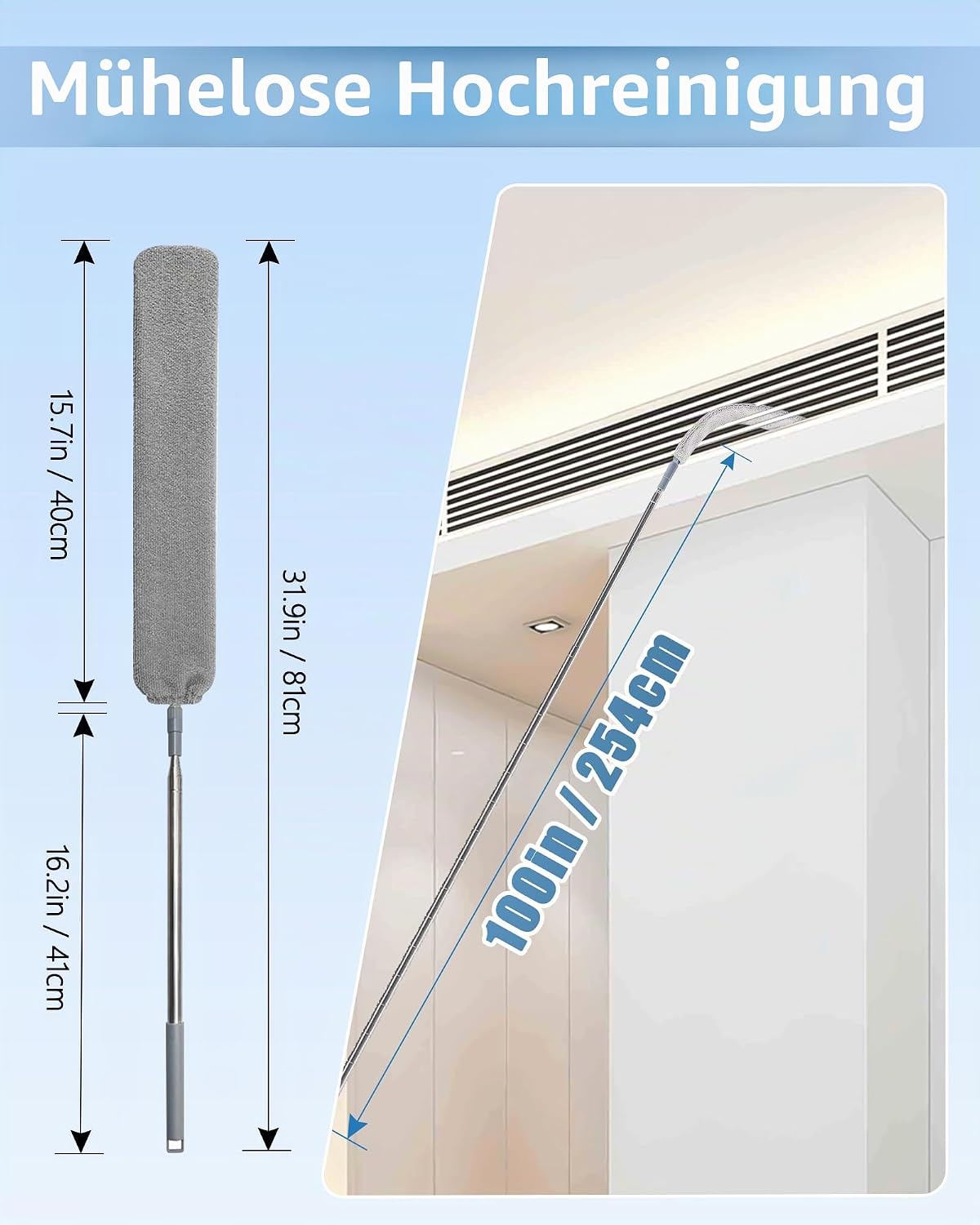 Detalle de Fogray Spalt-Staubwedel Teleskop Waschbar – ausziehbar bis 237 cm mit 2 Mikrofaser-Tüchern