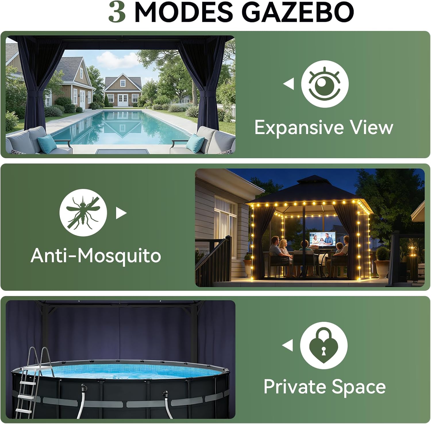 Detalle 1 de Aoxun G30067NEW 8' x 8' Outdoor Gazebo with Netting, Curtains and Double Roof