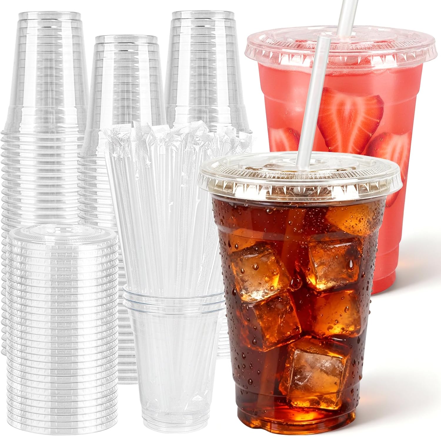 Detalle de HEYRSUN 12 oz Clear Plastic Cups with Flat Lids and Straws, 100 Sets