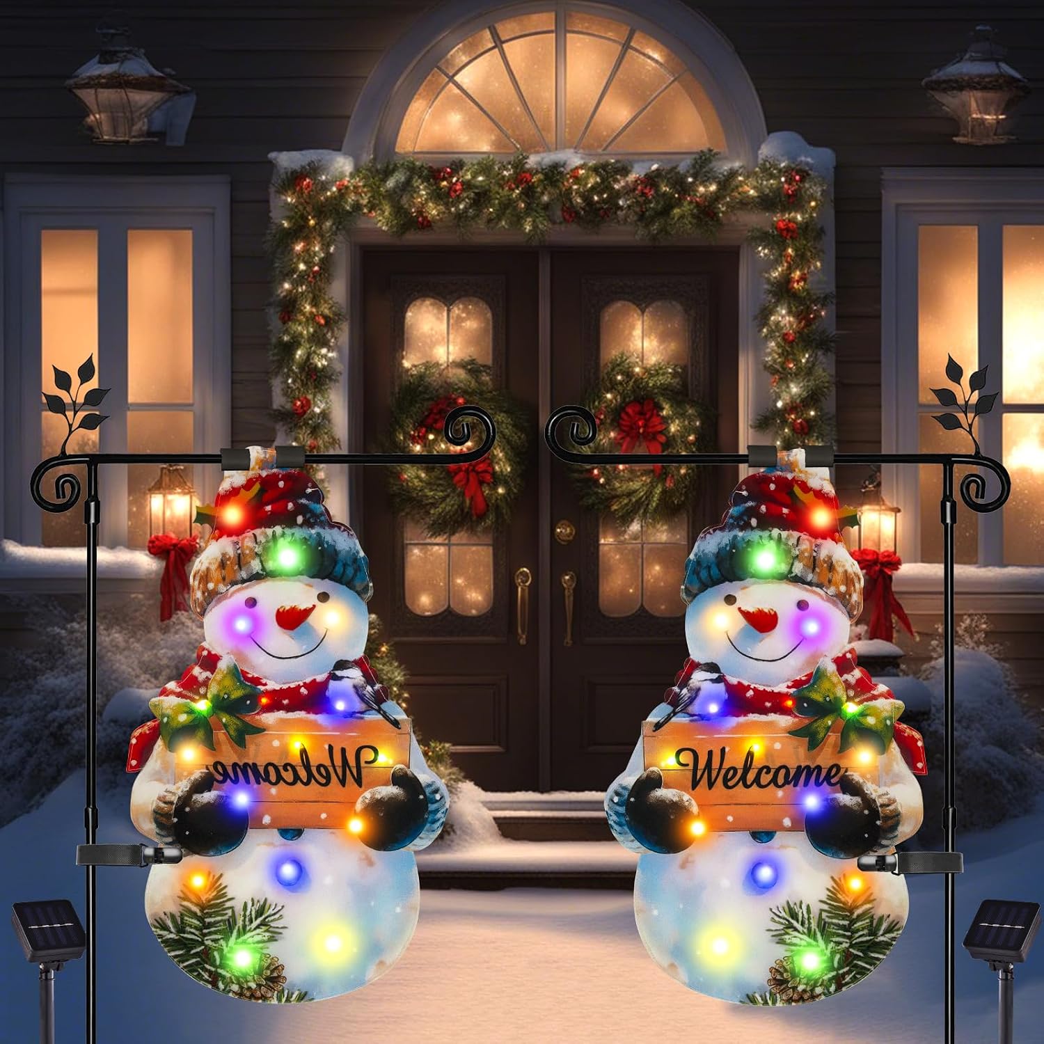 Detalle de amadecohome 1 Lighted Christmas Snowman Garden Flag, 12 x 18, Solar LED