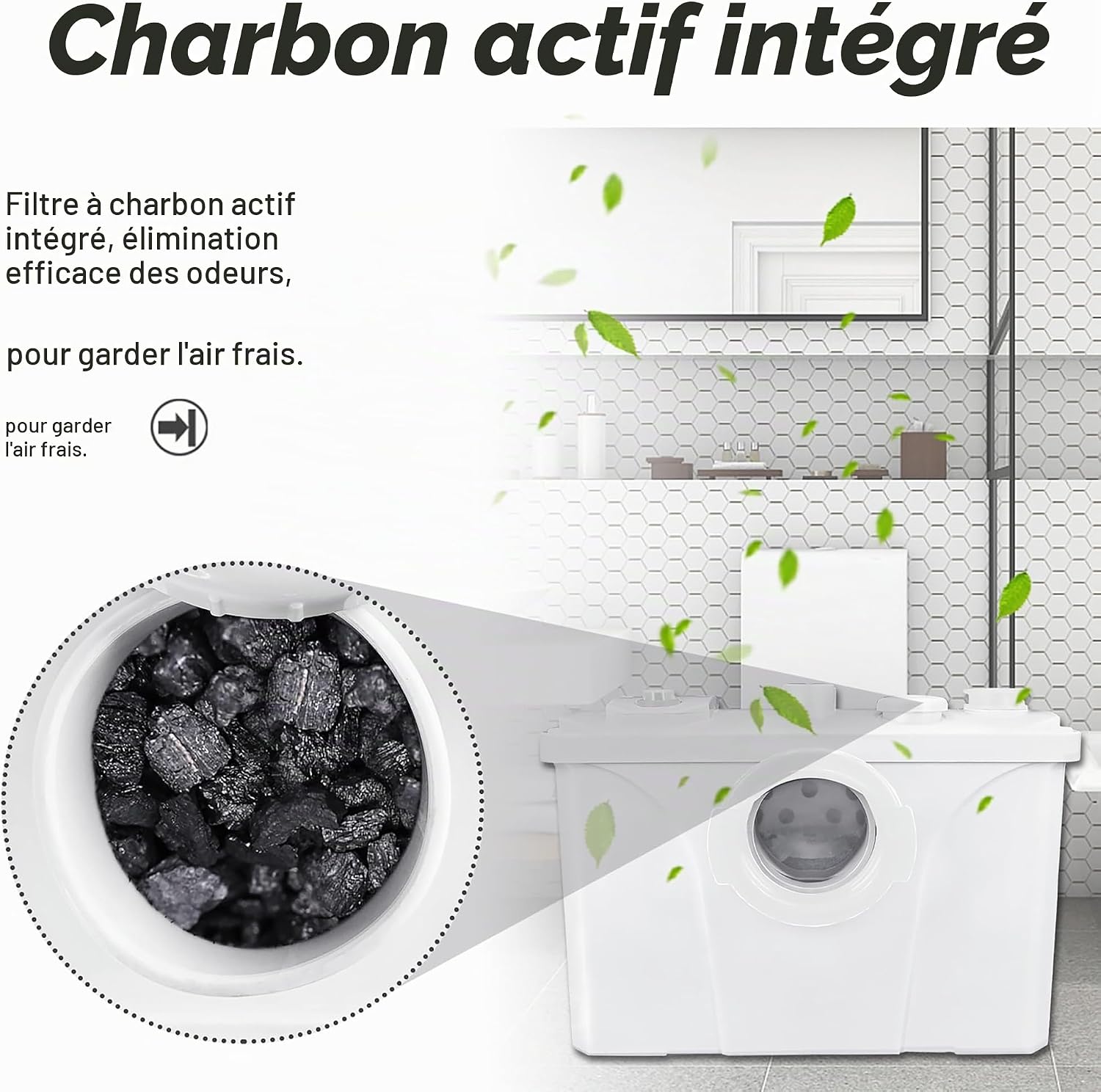 Detalle de LZQ 700 W afvalwaterpomp met vier inlaten en actiefkoolfilter