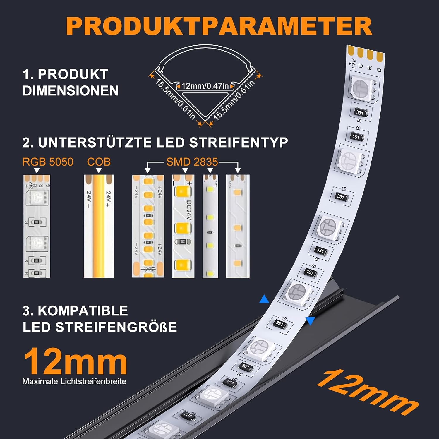 Detalle de Chesbung 20 x 1 m Schwarz – V-förmiges LED Aluminium Profil mit milchiger Abdeckung für 12 mm LED-Streifen