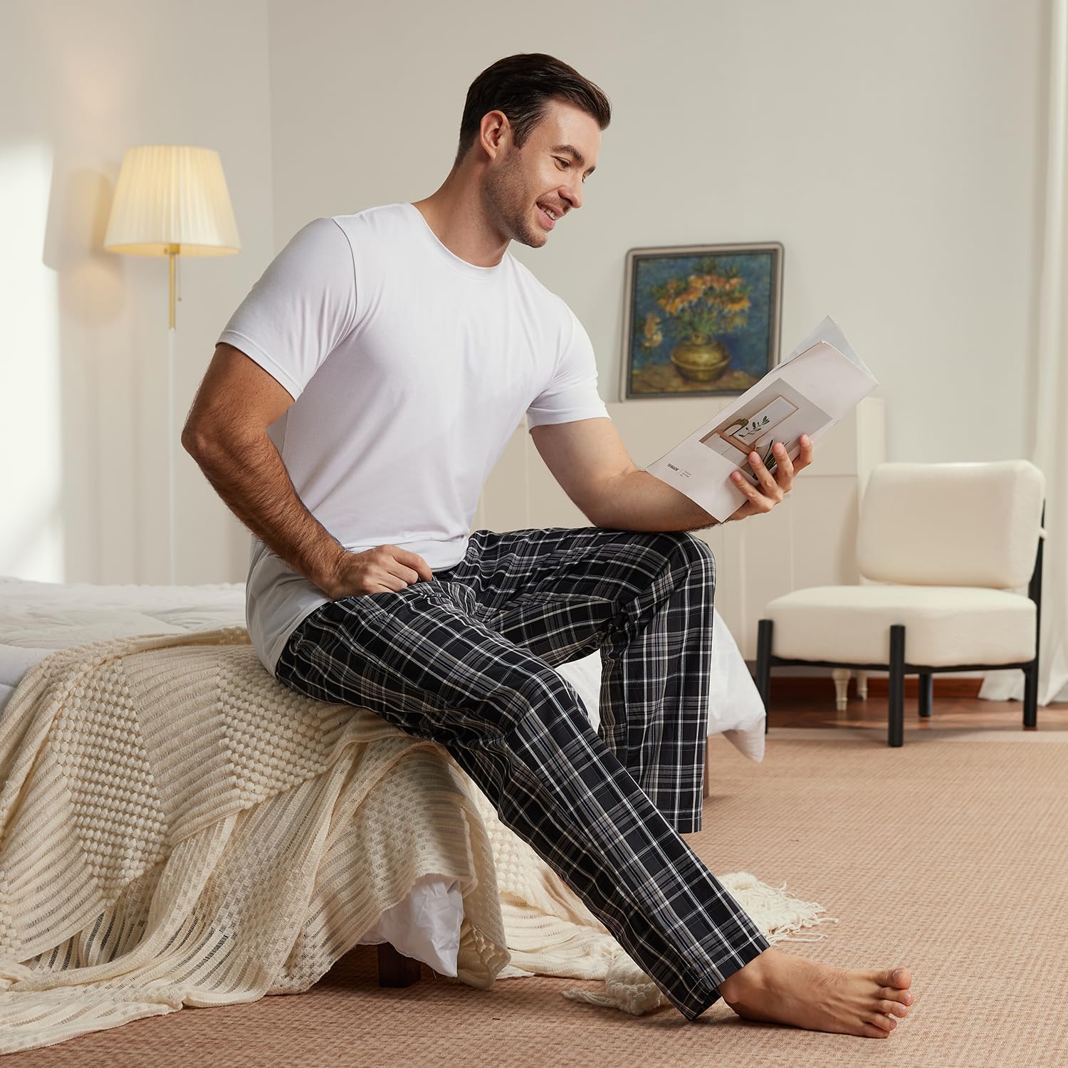 Detalle 2 de MoFiz Men’s Ultra Lightweight Cotton Pajama Pants (Plaid) with Pocket, Drawstring, 3-Pack