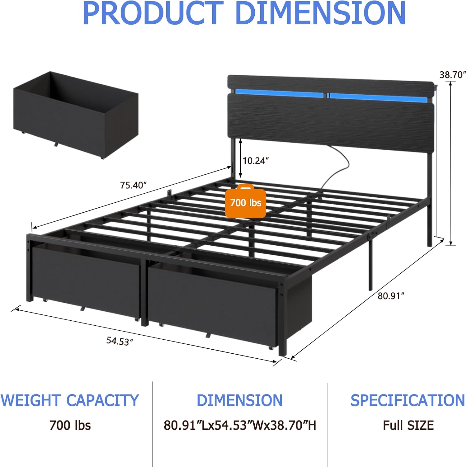 Detalle 2 de Forestell Full Size Bed Frame with Wood Headboard, Storage, RGB LEDs and USB-C