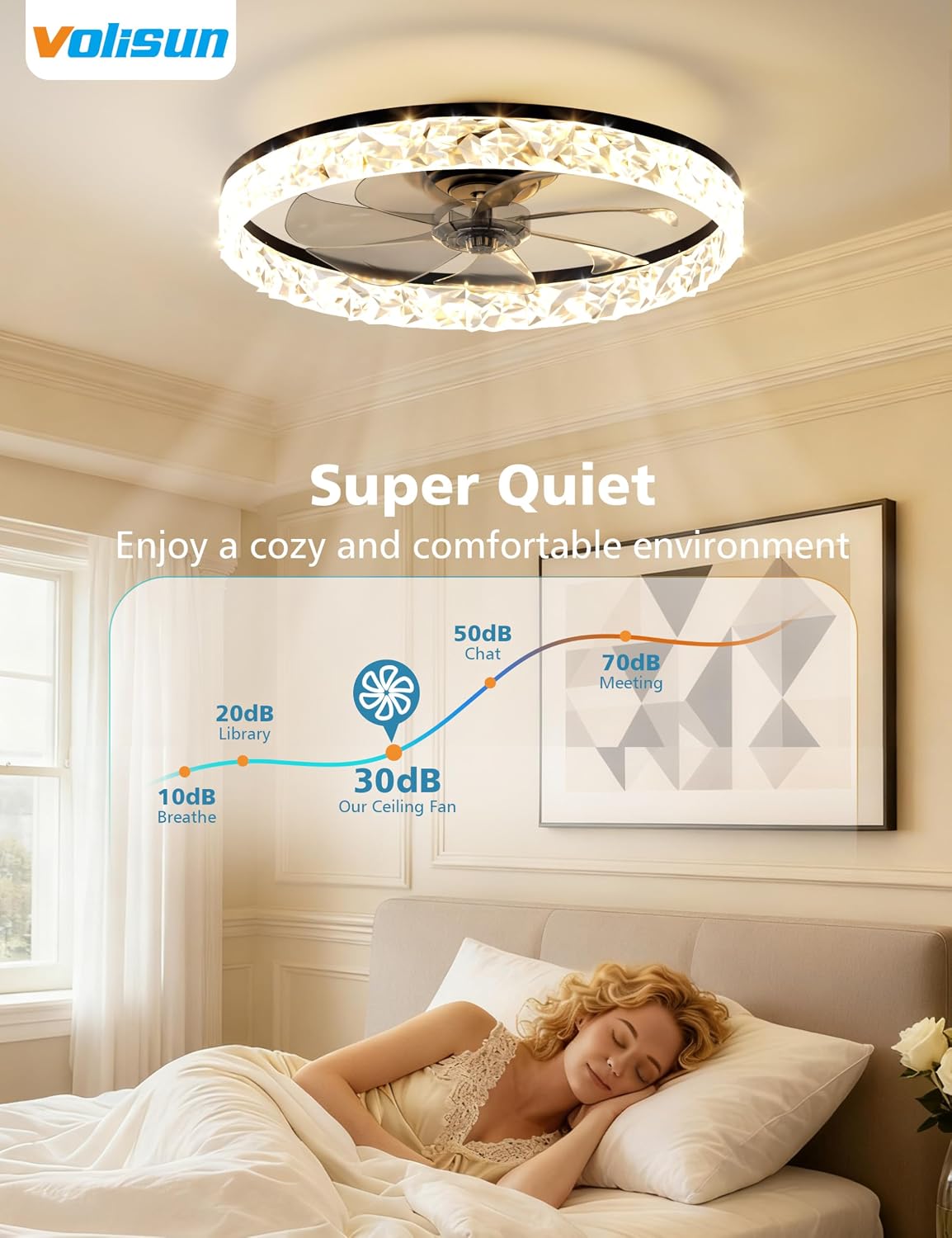 Detalle 1 de VOLISUN 8225-3K 20-inch Black Flush-Mount Ceiling Fan with Dimmable LED Light
