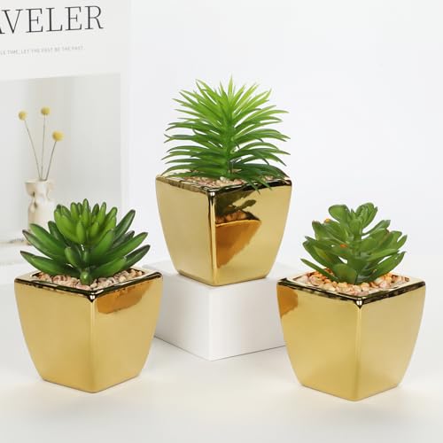 Thumbnail 6 de Oairse 3er Set Kunstpflanzen Sukkulanten im Keramiktopf – gold, pflegeleicht und stilvoll