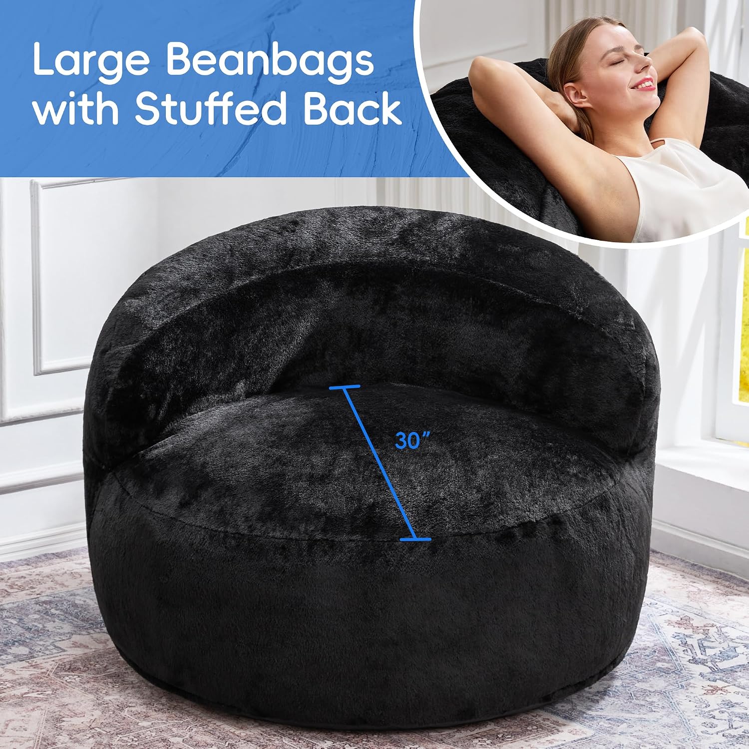 Thumbnail 4 de Hobestluk Oversize Bean Bag Chair with Memory Foam and Black Faux Fur