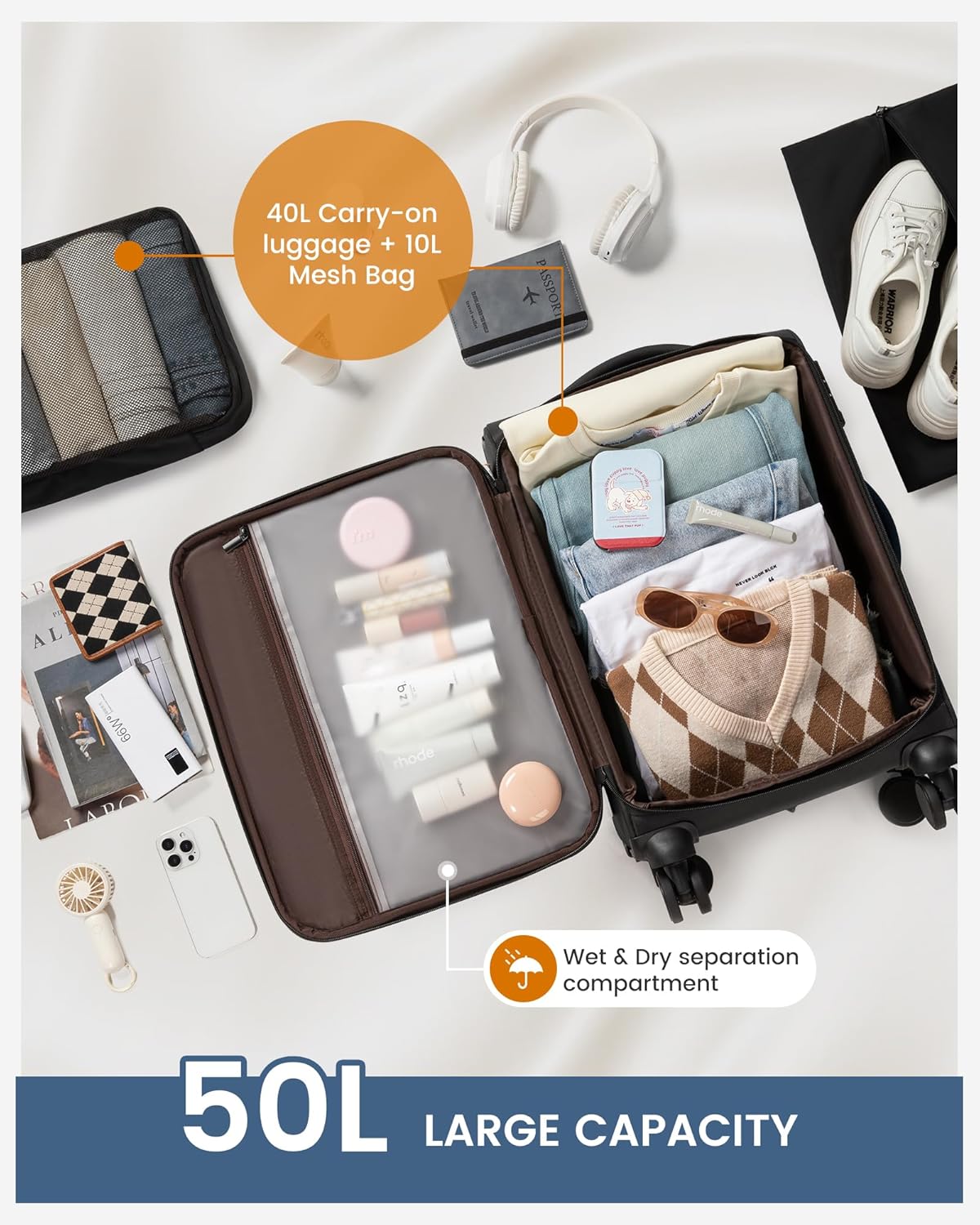 Detalle de LoveVoook Carry On Luggage 22x14x9 — Airline Approved Softside Spinner with Front Laptop Compartment