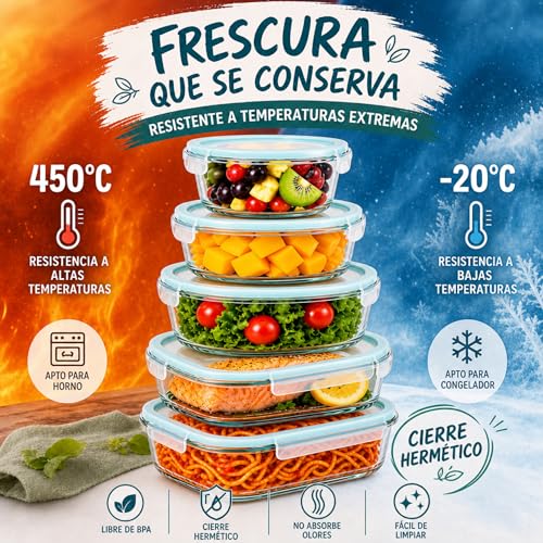 Detalle 2 de edihome Recipientes de Cristal para alimentos, 14 piezas: set hermético con tapas y borosilicato, apto lavavajillas, congelador y microondas