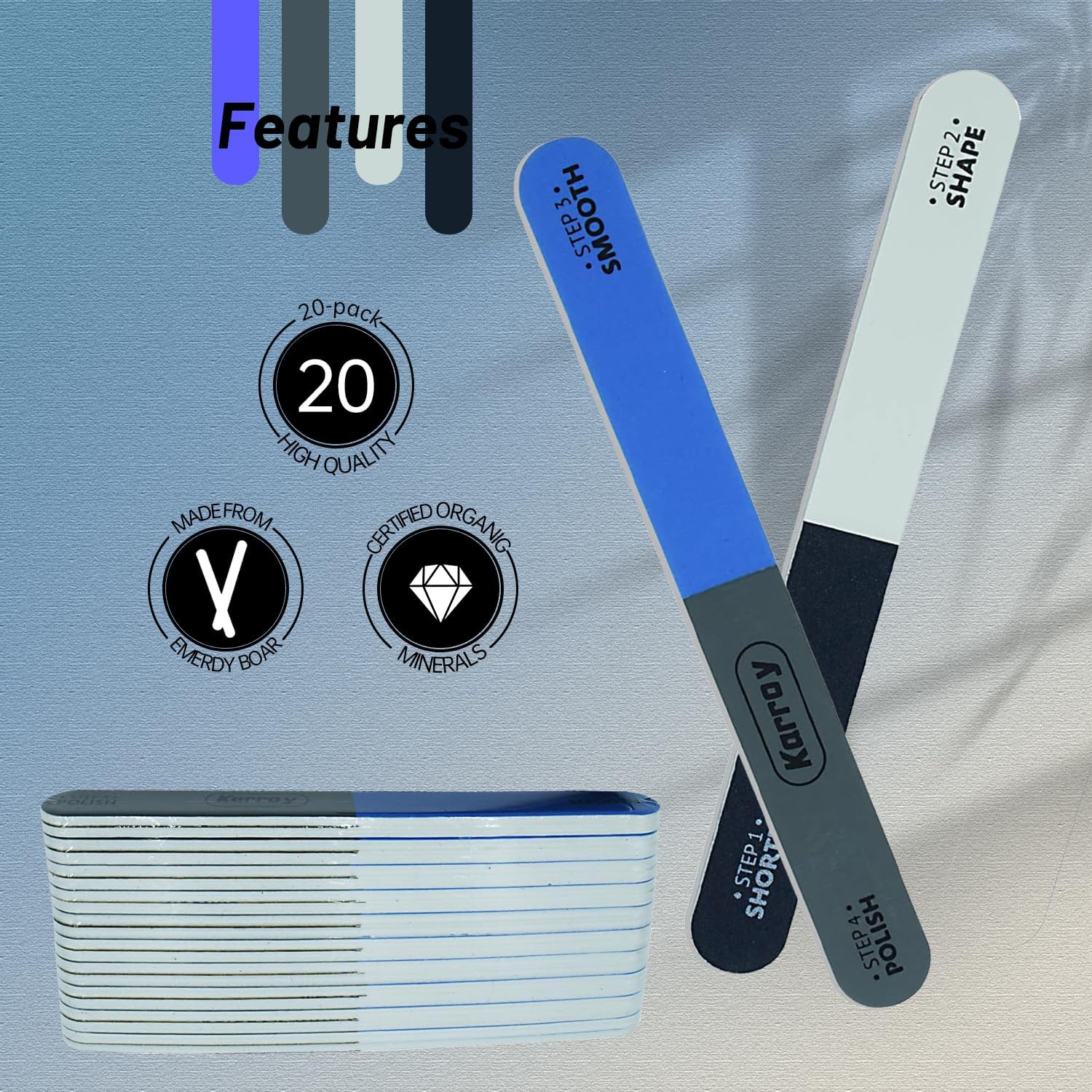 Detalle de Karroy Nail File and Buffer for Natural Nails (Dual Sided, 4 Steps) — 20-Piece Set