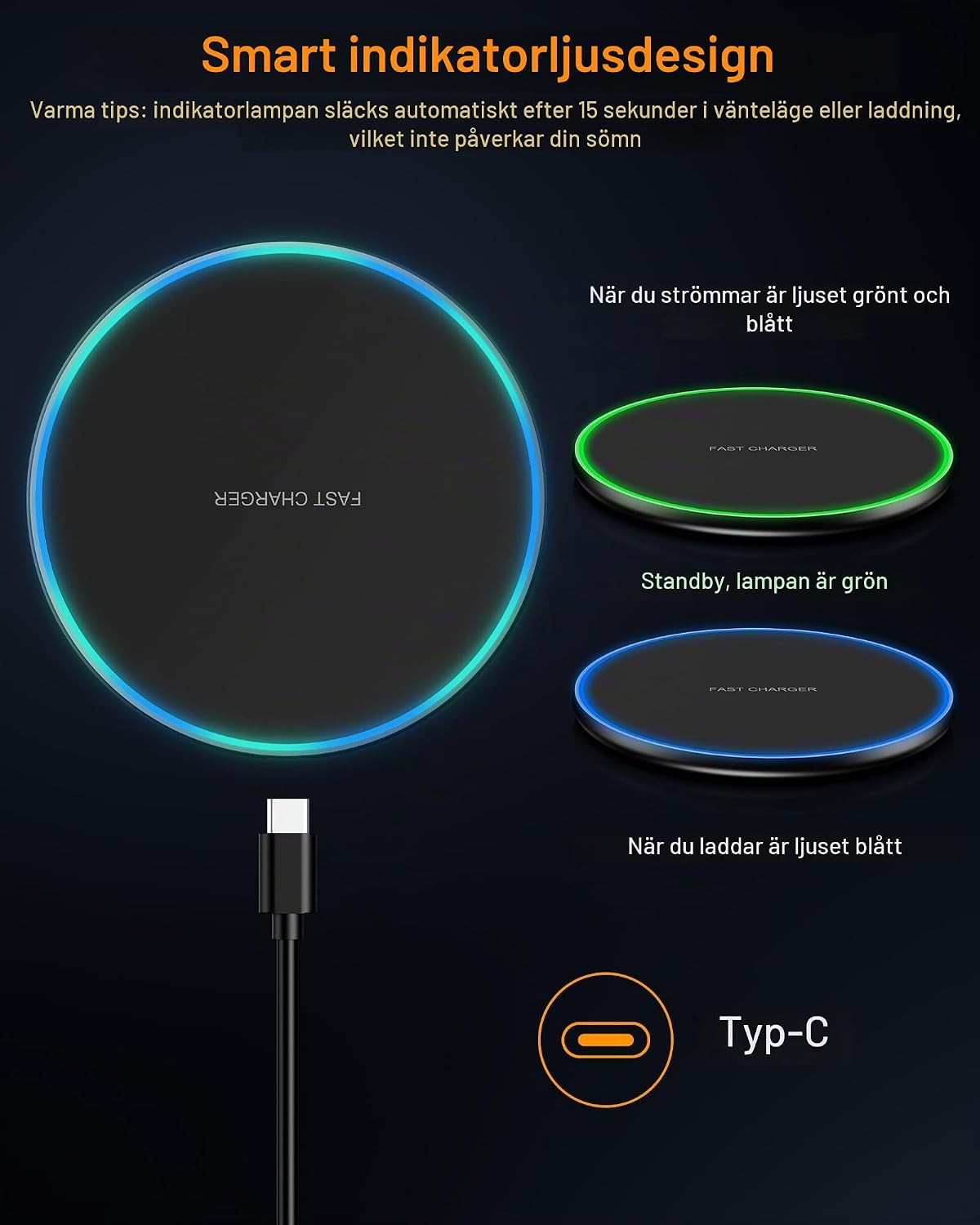 Detalle de Sanicata 15 W trådlös laddare med USB-C och 6,5 mm tunn laddningsplatta